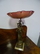 Spelter Figurine with Pink Lustre Bowl