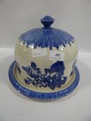 Large blue and white cheese dish with base
