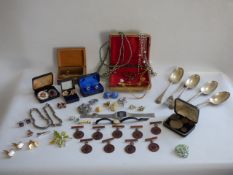 Mixed lot containing costume jewllery digital watch silver plate cutlery etc
