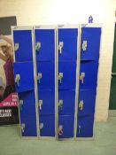 *four banks of four coin operated lockers (blue and gray)