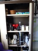 *Coffee and cream stationary cabinet containing assorted kitchenalia