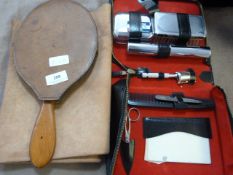 Gentlemen's grooming set, leather bound mirror and piece of hide
