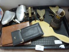 Box containing assorted brass ware, aluminium shoe stretchers, pig skin wallets, etc