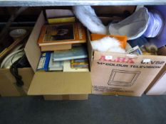 Four boxes containing assorted books, luggage telephones,military hats, dolls, etc