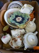 Box containing assorted china and porcelain including dinnerware, tea pot, etc
