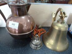 Brass bell, miniature bell and a copper coffee pot