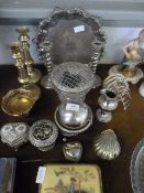 Mixed lot of silver platedware, cut glassware and brass work