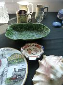Decorative pottery including cabbage leaf dish, water jugs, Masons trinket dish and a Hessle road