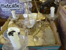 Box containing pottery ware and a glass three bank chandeliere