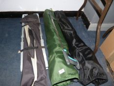 two folding chairs, camp bed, umbrellas, etc