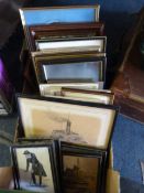 Box containing assorted framed pictures and prints including the Tattershall castle, still lives,