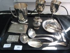 Tray containing assorted silver plated items, including; tankards, wine goblets, lighter, etc