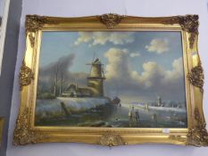 Gilt framed oil on canvas depicting windmill and frozen river scene by R.A.Seltzer