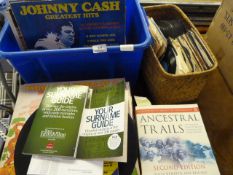 Record collection and assorted paper hard back books