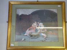 Gilt framed print depicting a loving couple outside of a tavern