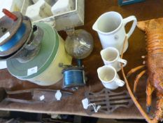 Early fishing reel, plastic lobster, shears, fishing gear, etc