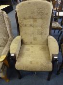 High seat dark wood framed easy chair