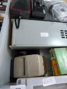 Box of assorted slides, slide viewers, compact cameras, etc