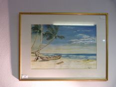 Gilt framed water color by Vivian Hakim of a tropical scene