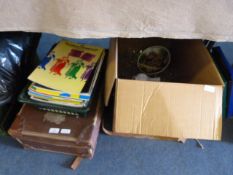 Three boxes containing assorted sheet music, decorative glassware, leather suitcase, etc