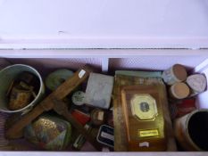 Ottoman containing assorted vintage tins, barometer, etc