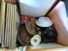 Box containing assorted comical snooker prints, bric-a-brac, scale model cars, etc