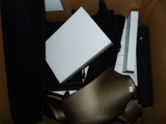 Box containing assorted shop display items and jewelry boxes