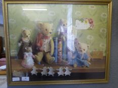 Gilt framed nursery print depicting teddy bears