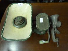 Set of early kitchen scales and a meat mincer