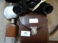 Pair of racing binoculars and hip flasks