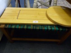 Beach folding circular table and a mahogany framed footstool