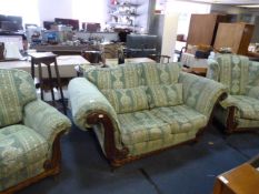 Green patterned three piece suite with timber frame comprising of two seat settee with matching easy