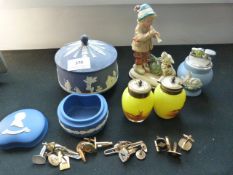 Wedgwood trinket box with cover, continental figures, salt and pepper pots, etc