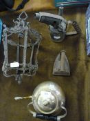 Brass kettle, early blow lamp, fire iron, etc