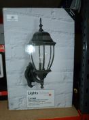 Two boxed lights outside Lanark black six sided barrel lantern outdoor lights