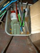 Wheelbarrow containing assorted gardeners tools, etc
