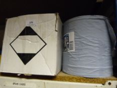 Box containing assorted electronics, wires, etc and a roll of blue tissue paper