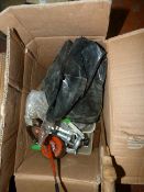 Box containing assorted tools, oil cans, saw, etc