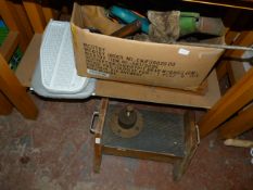 Step and hug draw,plasterers table and a box containing assorted power tools, oil cans, etc