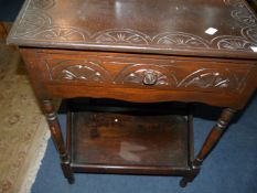 Carved Oak Hall Table with Drawer and Under Shelf