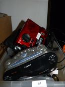 Box Containing Hair Style Products, Wind up Radio, Two Radio Clock Alarms, Etc