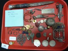 Tray Containing Metal Detector Finds Including Early English Scalpel, Belt Buckles, Dagger, Etc