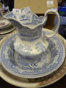 Blue and White Jug and Bowl Set Plus One Other