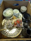 Box Containing Assorted Pewter Ware, Oriental Tea Set, Books, Etc