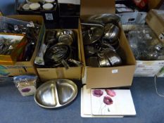 Five Boxes Containing Stainless Steel Cookware, Kitchen Tools, Cutlery, Glassware, Etc