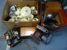 Two Boxes Containing Wood Boxes, Early Cameras, Binoculars, Glass Slides and Assorted Dinnerware