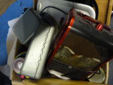 Box Containing Assorted Cash Tins, Kitchenalia, Wall Clocks, Etc