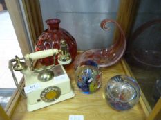 Mixed Lot Containing Retro Style Telephone, Decorative Vase and Two Glass Paper Weights