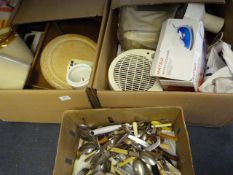 Two Boxes of Assorted Kitchenalia, Stone Jars, Silver Plated Cutlery, Etc