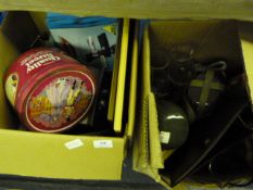 Two Boxes of Assorted Decorative Items, Vases, Sweet Tins, Etc